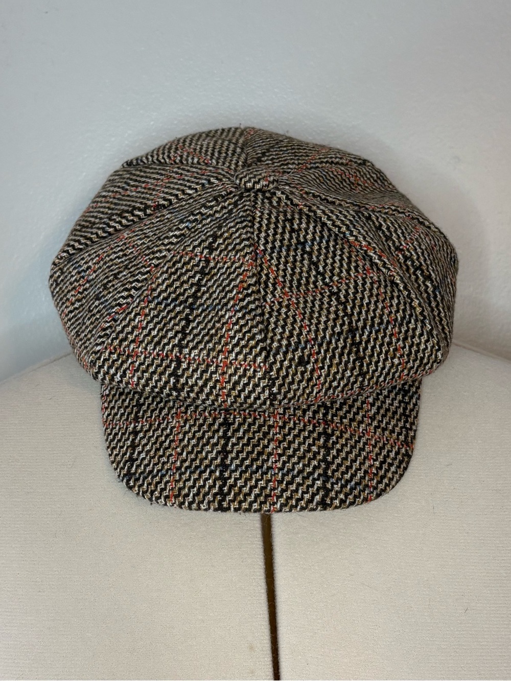 Vintage Magid Brown Herringbone Newsboy Cap with Subtle Red Accents